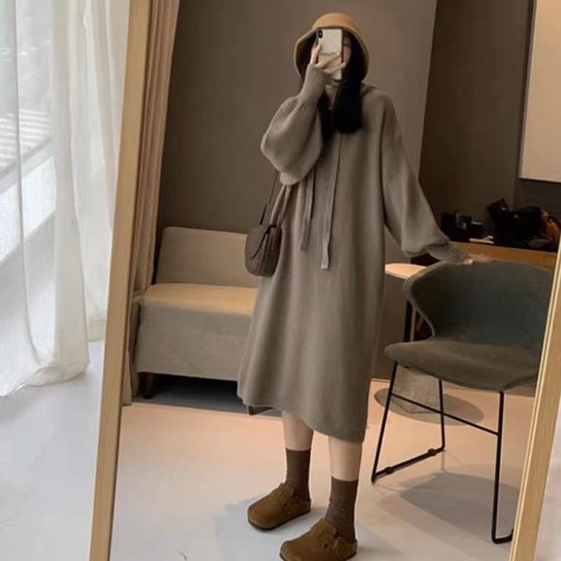 Plain Hoodie Long-Sleeve Dress Knit Midi