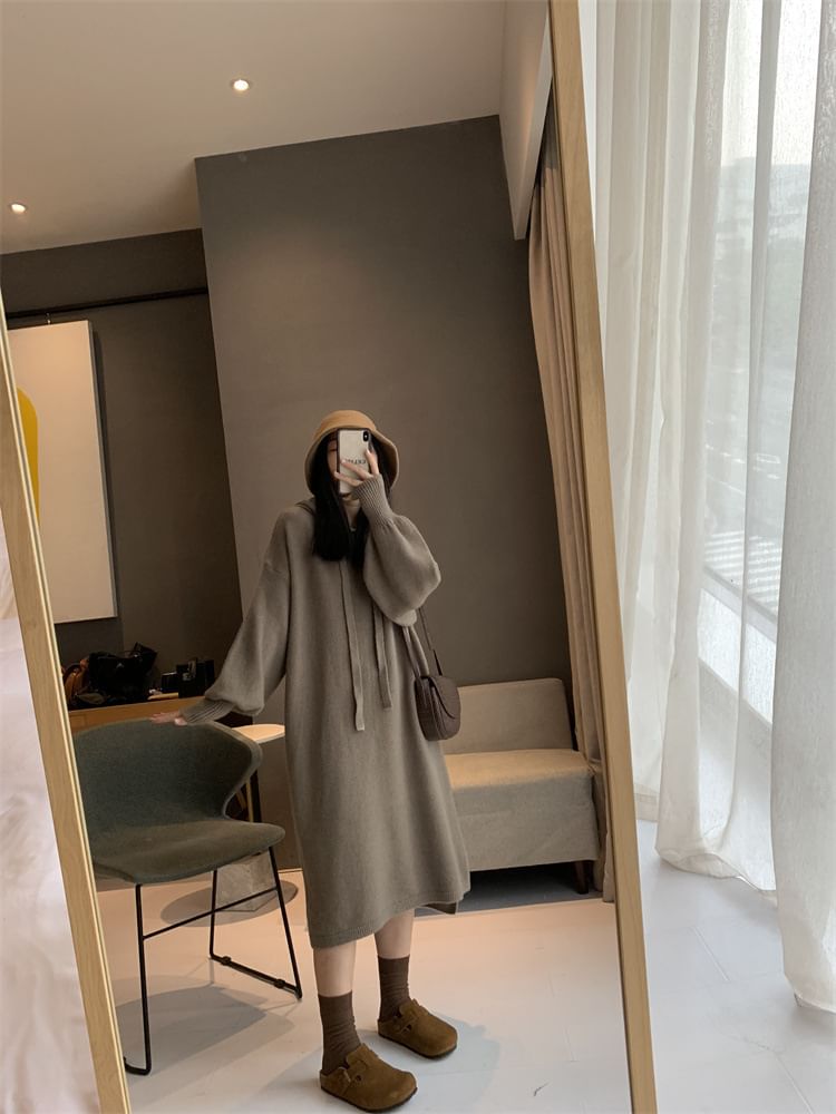 Plain Hoodie Long-Sleeve Dress Knit Midi