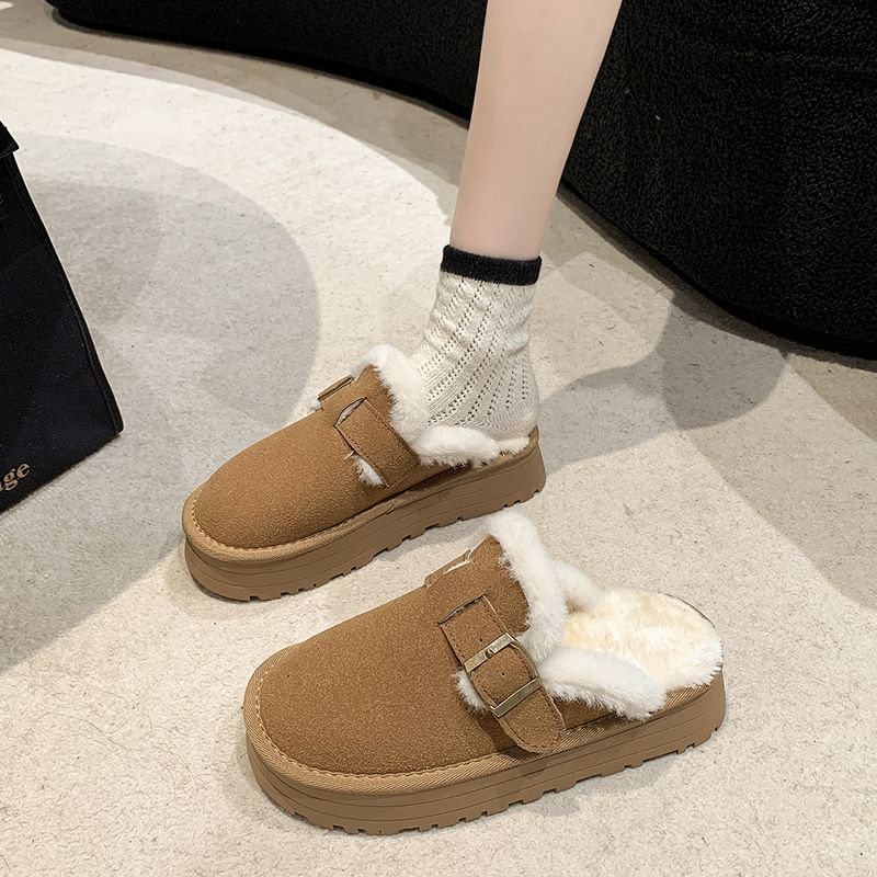 Platform Buckled Mules Fleece-Lined