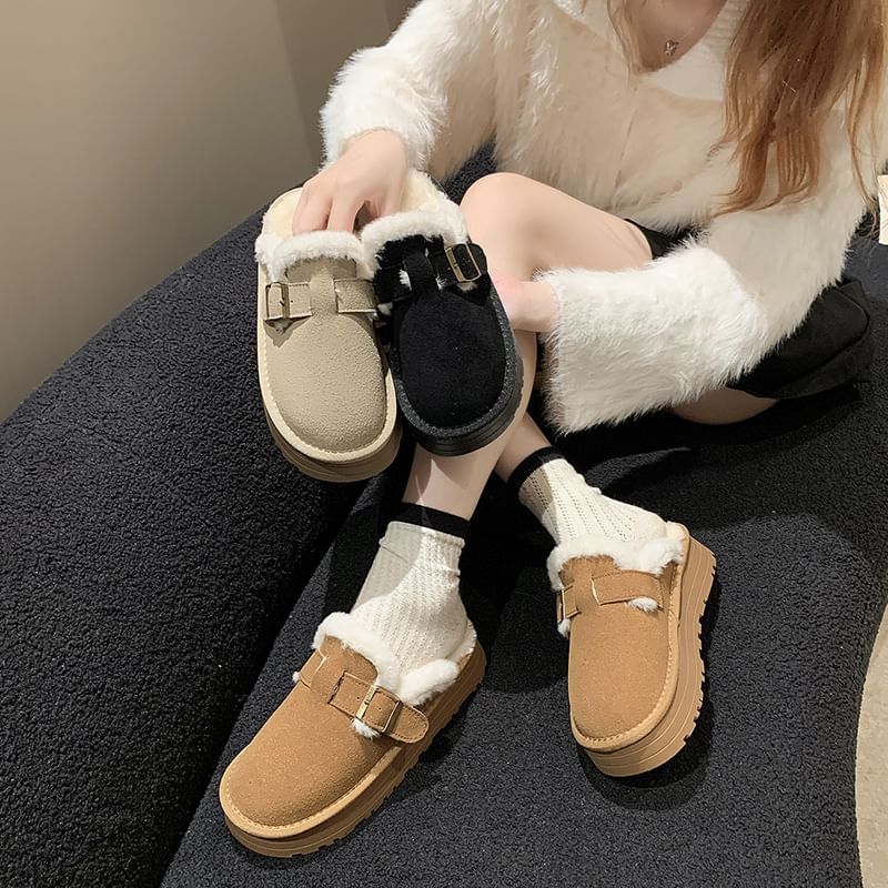 Platform Buckled Mules Fleece-Lined