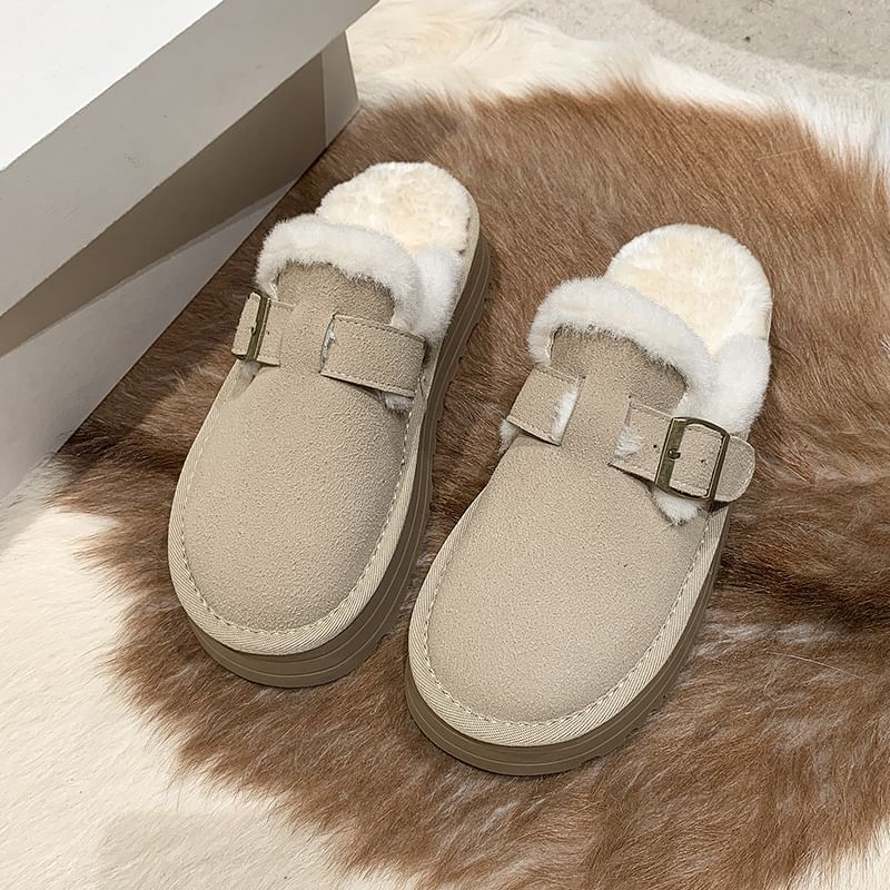 Platform Buckled Mules Fleece-Lined