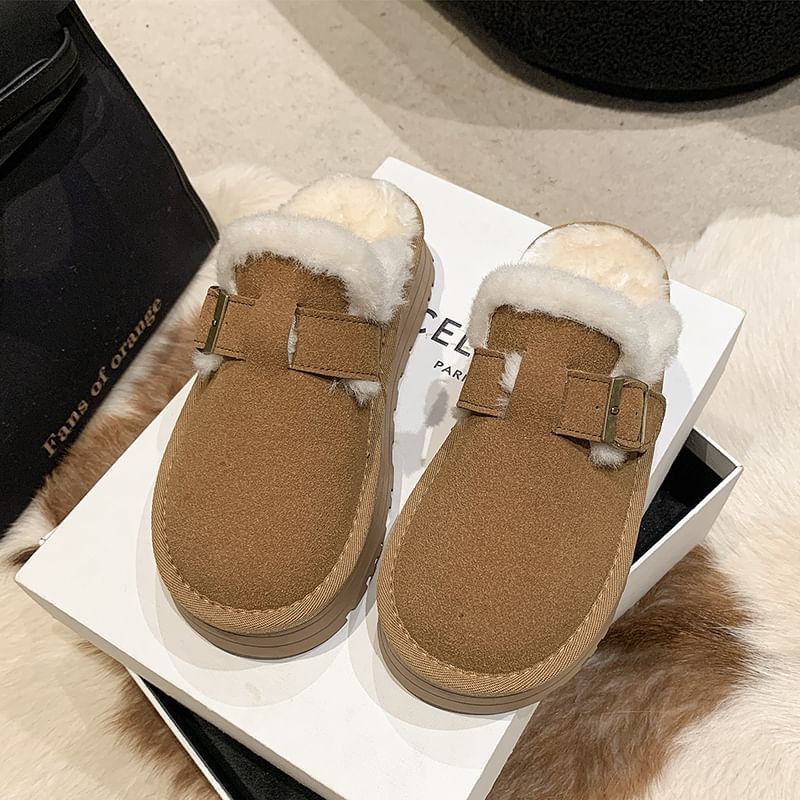 Platform Buckled Mules Fleece-Lined