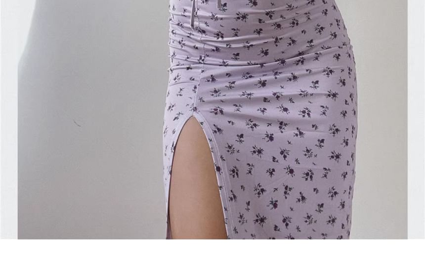 Spaghetti Strap Ruched Dress Midi Bodycon Print Scoop Floral Neck