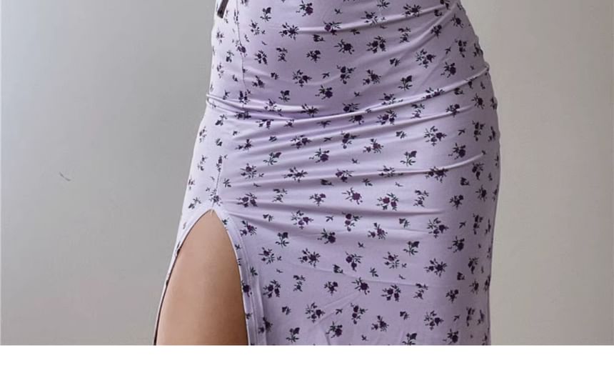 Spaghetti Strap Ruched Dress Midi Bodycon Print Scoop Floral Neck