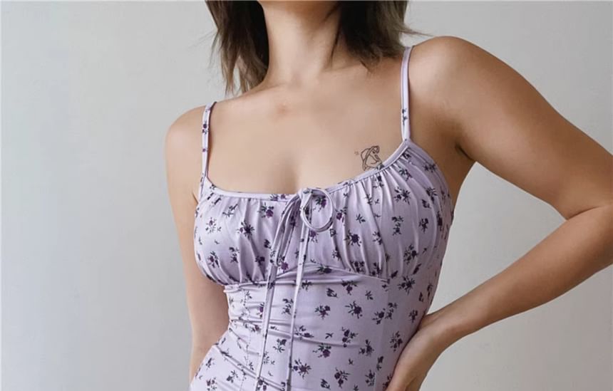 Spaghetti Strap Ruched Dress Midi Bodycon Print Scoop Floral Neck