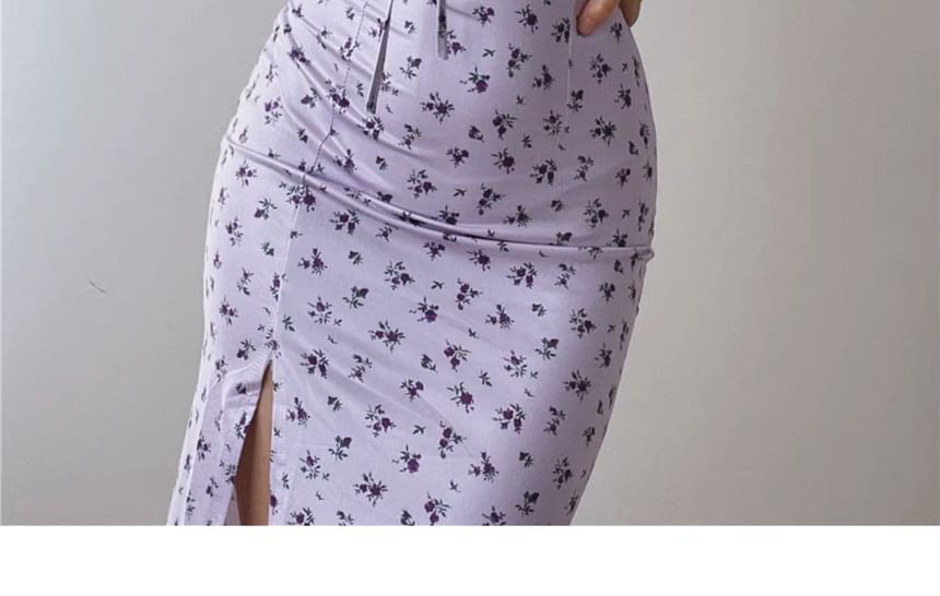 Dress Print Spaghetti Scoop Midi Neck Floral Bodycon Ruched Strap