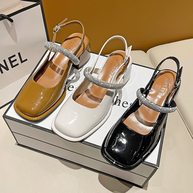 Square Pumps Slingback Rhinestone Mary Block Jane Heel Toe