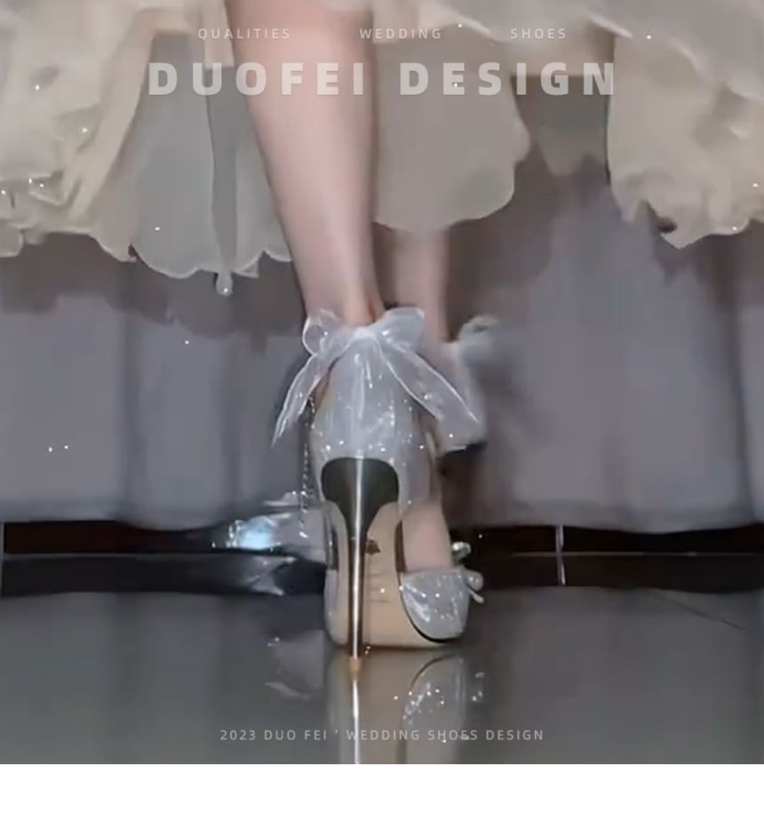 Stiletto Pearl Strap Sandals Bow Faux Glitter Ankle