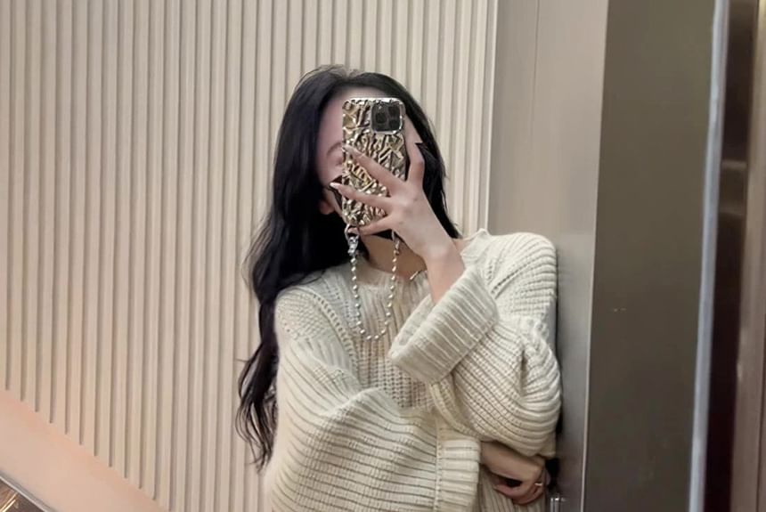 Neck Sweater Crew Slit Midi Dress Plain