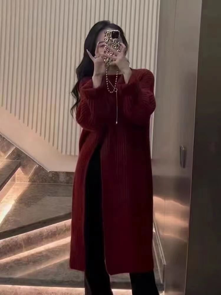 Neck Sweater Crew Slit Midi Dress Plain