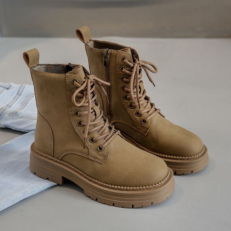 Leather Plain Heel Chunky Faux Lace-Up Short Boots