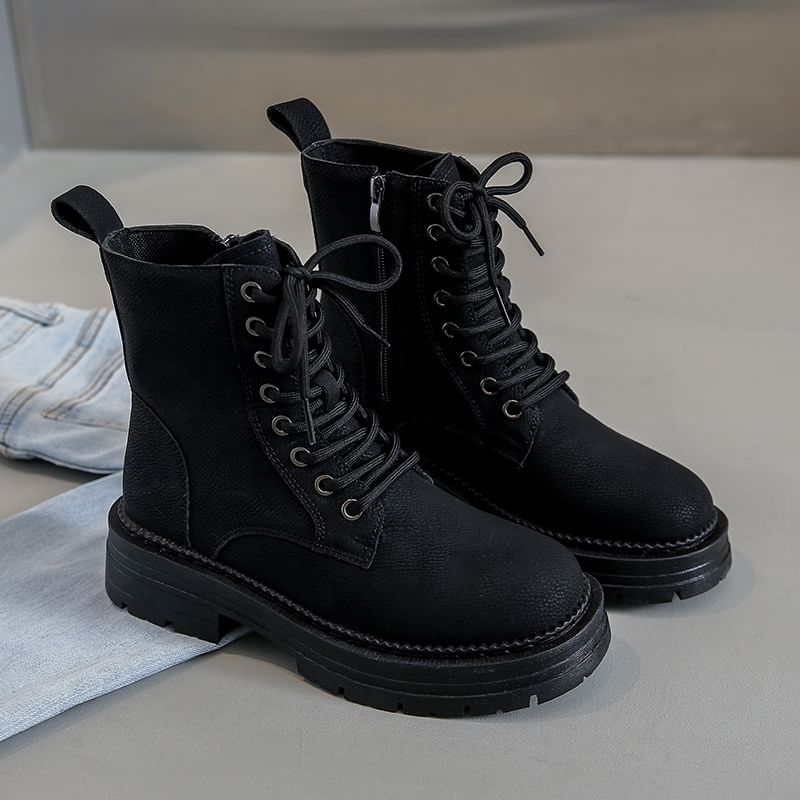 Leather Plain Heel Chunky Faux Lace-Up Short Boots