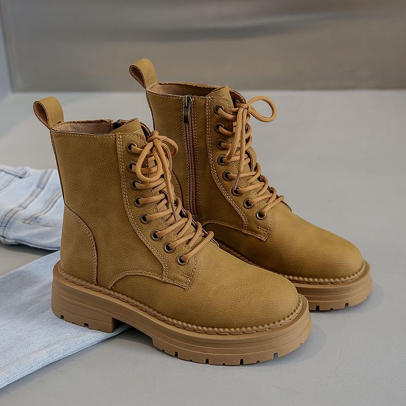 Leather Plain Heel Chunky Faux Lace-Up Short Boots