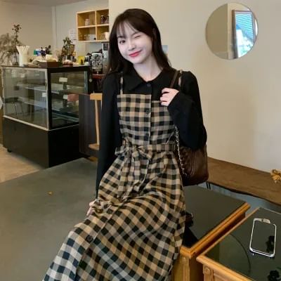 Piece Midi Plaid Two A-Line Collared Mock Long-Sleeve Dress