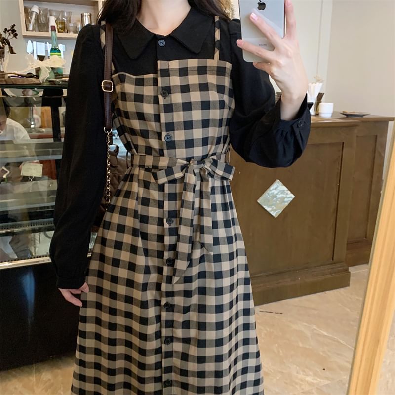 Piece Midi Plaid Two A-Line Collared Mock Long-Sleeve Dress