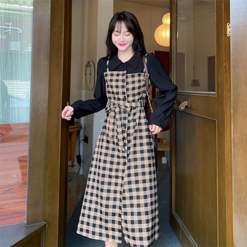 Piece Midi Plaid Two A-Line Collared Mock Long-Sleeve Dress