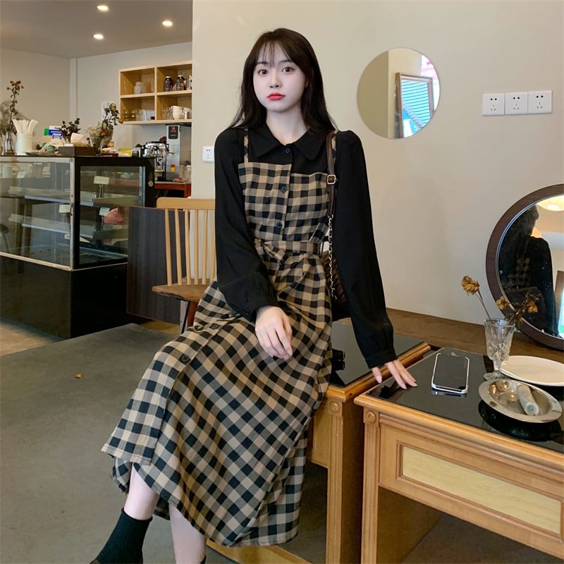 Piece Midi Plaid Two A-Line Collared Mock Long-Sleeve Dress