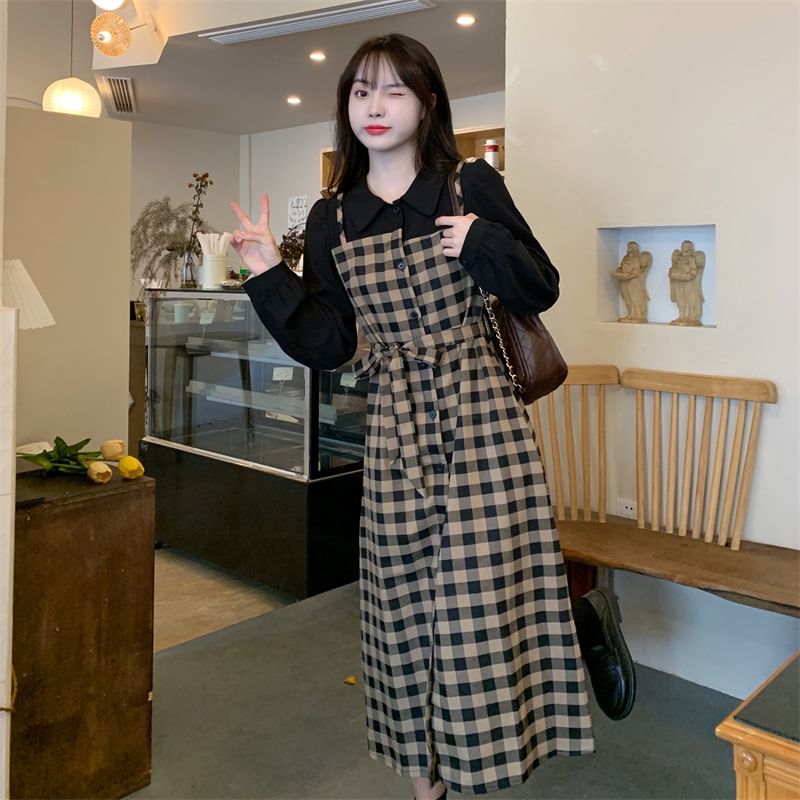 Piece Midi Plaid Two A-Line Collared Mock Long-Sleeve Dress