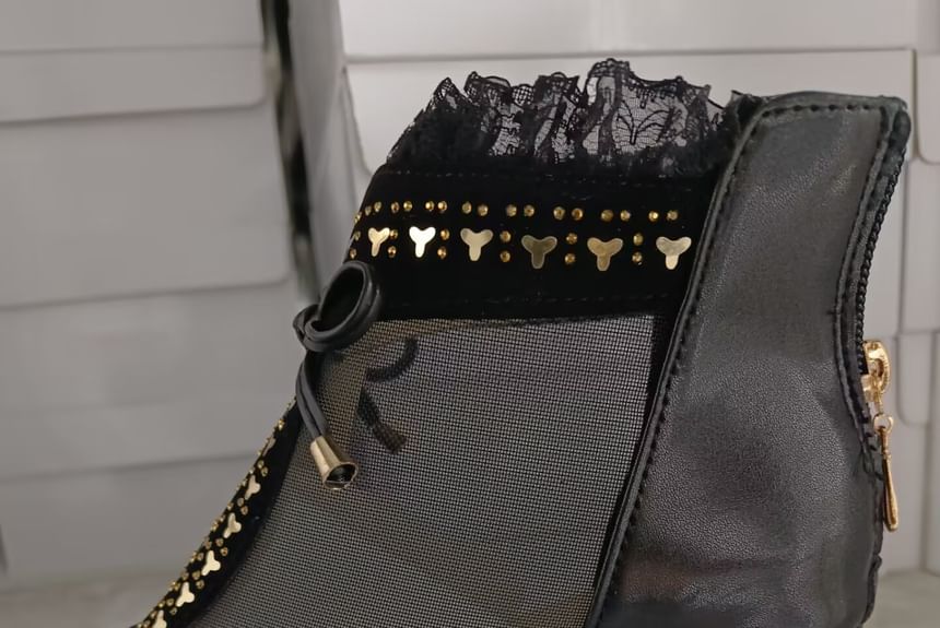 Heel Lace Boots Ankle Mesh Pointed Panel Trim Chunky