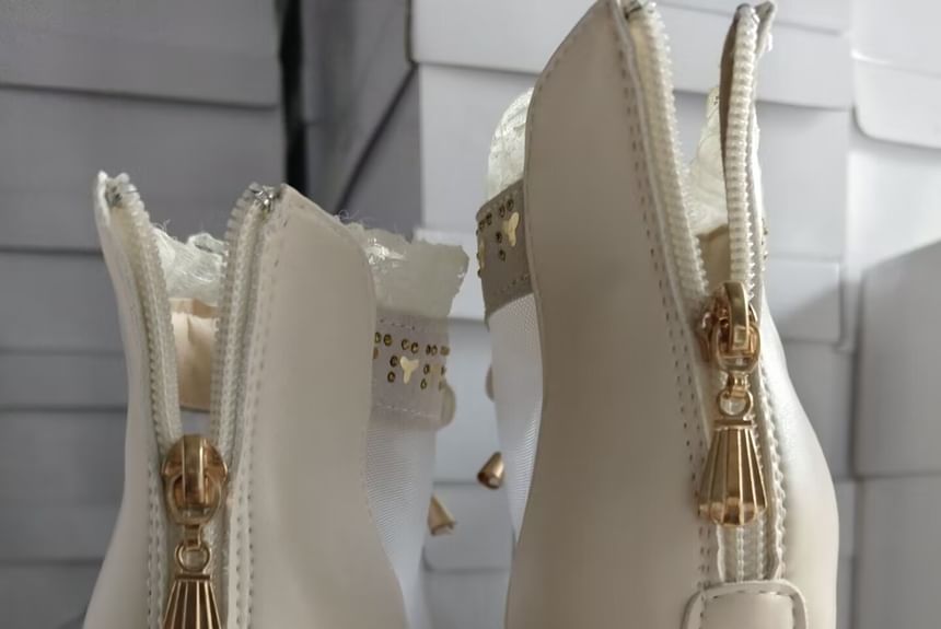 Heel Lace Boots Ankle Mesh Pointed Panel Trim Chunky