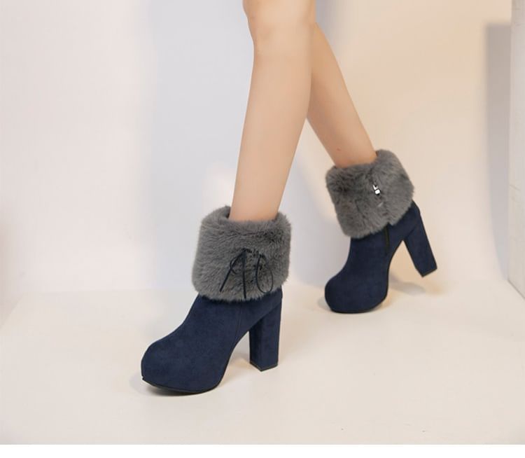 Trim Heel Ankle Fluffy Platform Chunky Boots