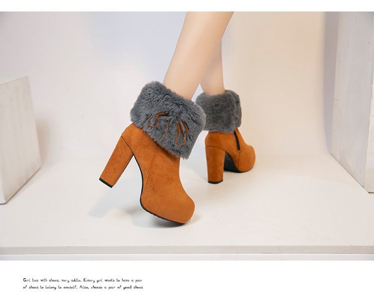 Trim Heel Ankle Fluffy Platform Chunky Boots