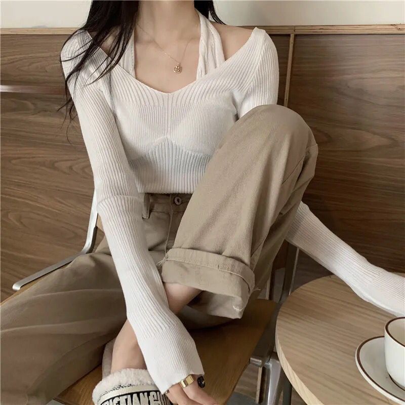 Fit Halter Mock Slim Knit Ribbed Two-Piece Top Long-Sleeve Neck Plain