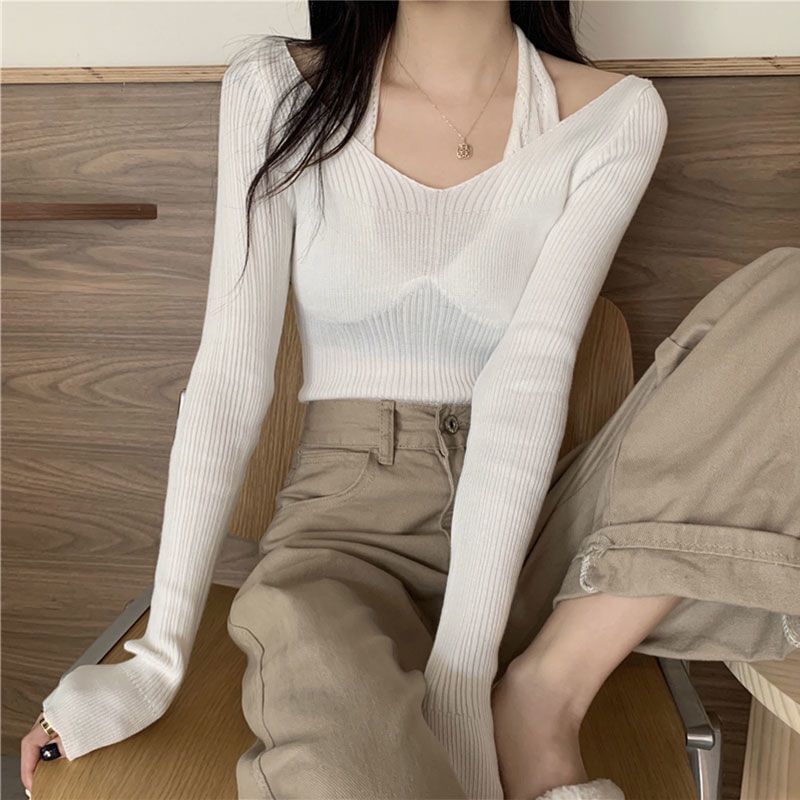 Fit Halter Mock Slim Knit Ribbed Two-Piece Top Long-Sleeve Neck Plain