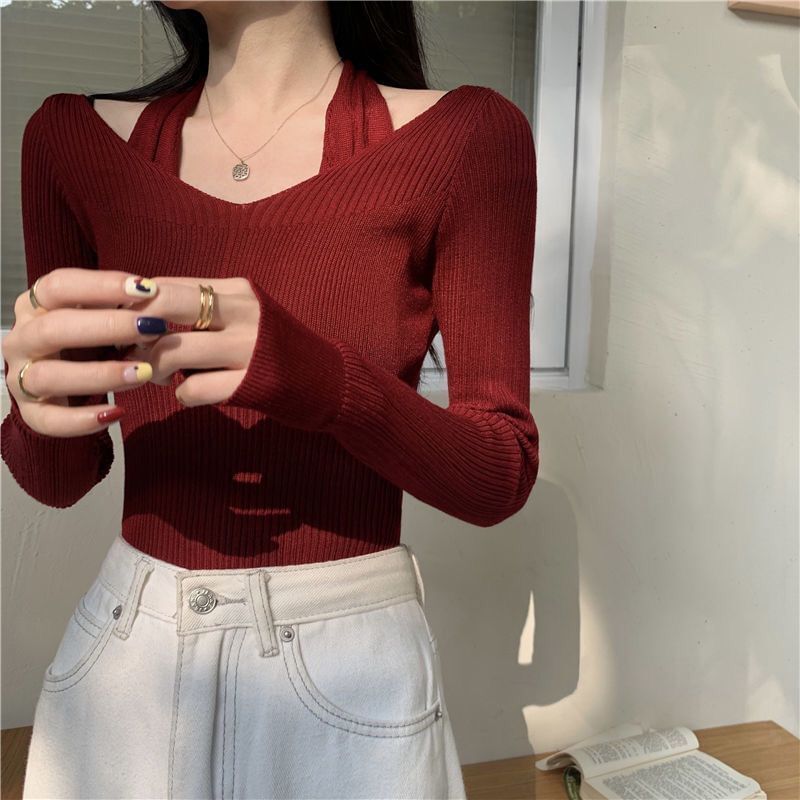 Fit Halter Mock Slim Knit Ribbed Two-Piece Top Long-Sleeve Neck Plain