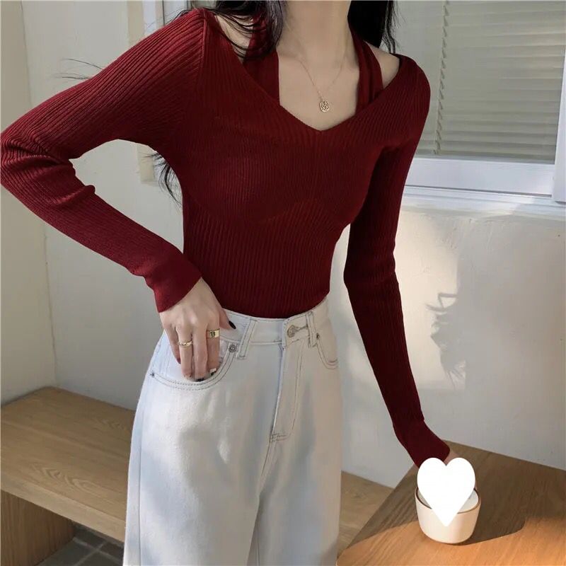Fit Halter Mock Slim Knit Ribbed Two-Piece Top Long-Sleeve Neck Plain