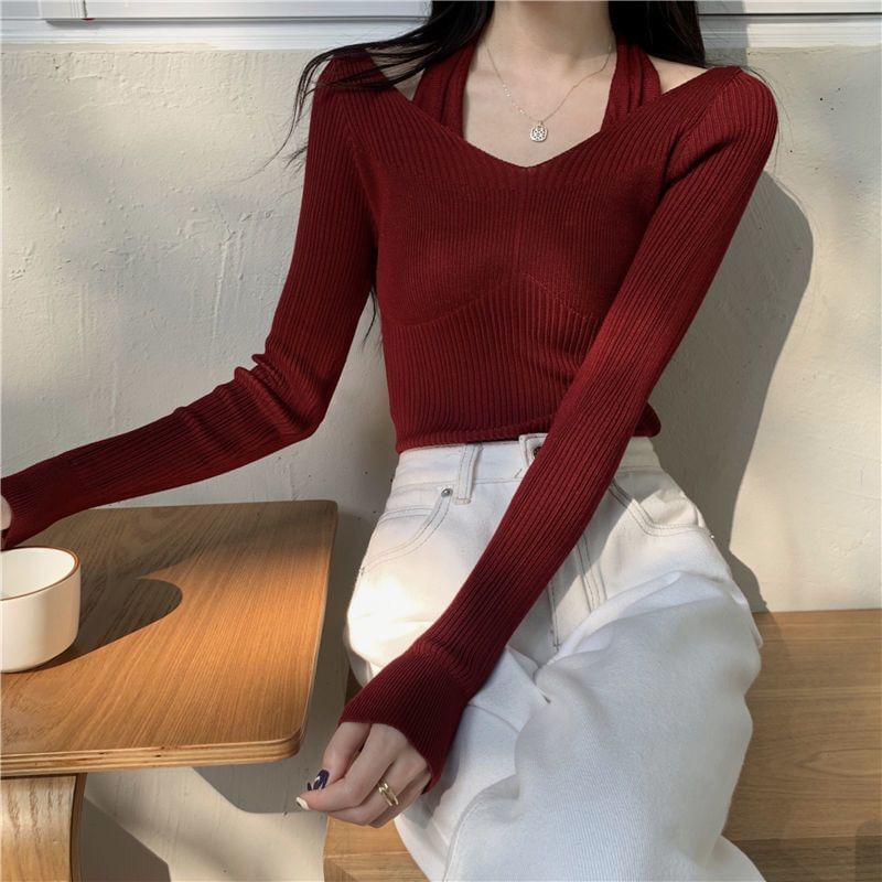 Fit Halter Mock Slim Knit Ribbed Two-Piece Top Long-Sleeve Neck Plain