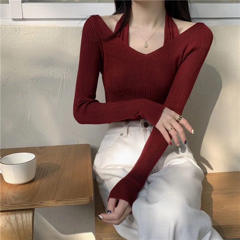 Fit Halter Mock Slim Knit Ribbed Two-Piece Top Long-Sleeve Neck Plain