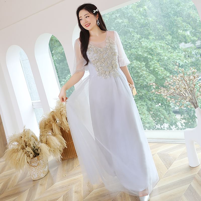 Evening Applique Bell Mesh A-Line Embroidery Plus Gown Size Sleeve