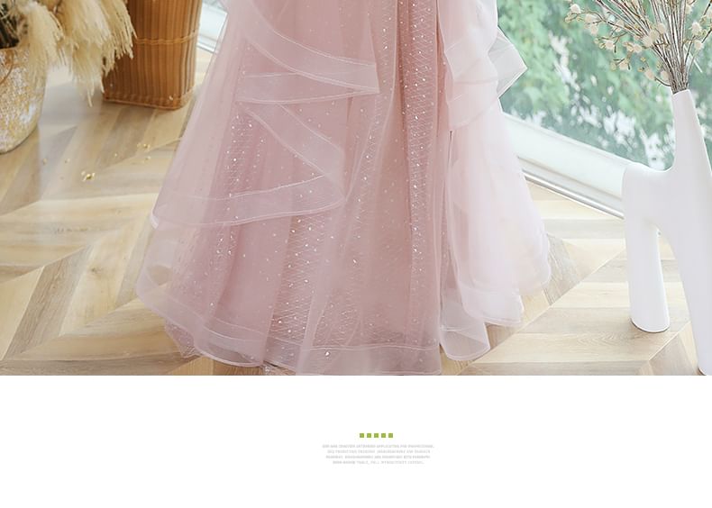 Sleeve Size Neckline Ruffled A-Line Gown Puff Mesh Sequined Sweetheart Evening Plus