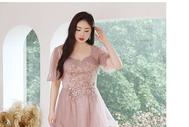 Sleeve Size Neckline Ruffled A-Line Gown Puff Mesh Sequined Sweetheart Evening Plus