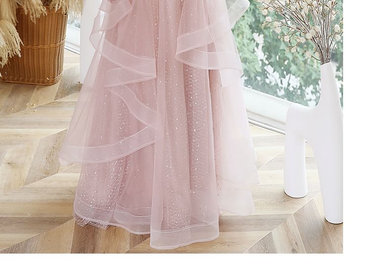 Sleeve Size Neckline Ruffled A-Line Gown Puff Mesh Sequined Sweetheart Evening Plus