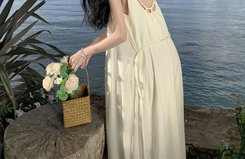 Dress Strap Plain Maxi Back Open Neck A-Line Scoop Spaghetti