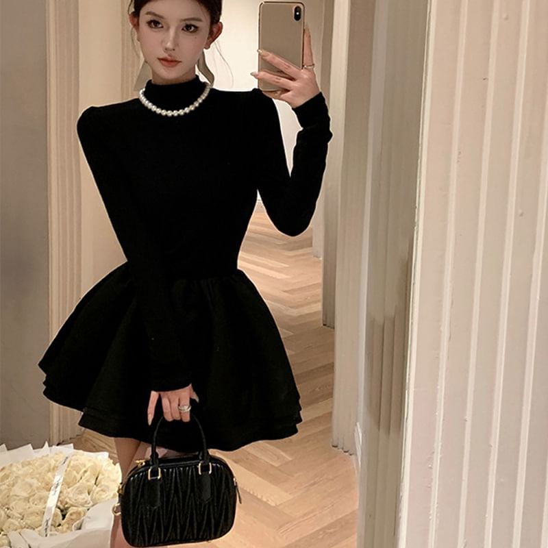 Long-Sleeve A-Line Mock Plain Layered Neck Knit Dress Mini