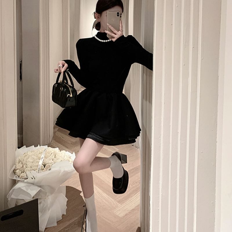Long-Sleeve A-Line Mock Plain Layered Neck Knit Dress Mini