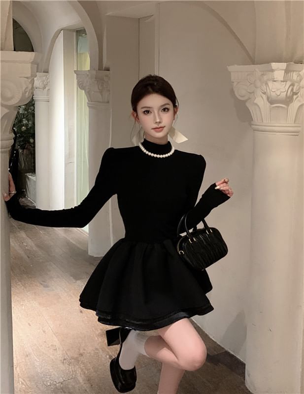 Long-Sleeve A-Line Mock Plain Layered Neck Knit Dress Mini