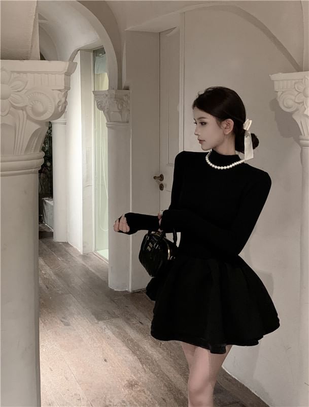 Long-Sleeve A-Line Mock Plain Layered Neck Knit Dress Mini