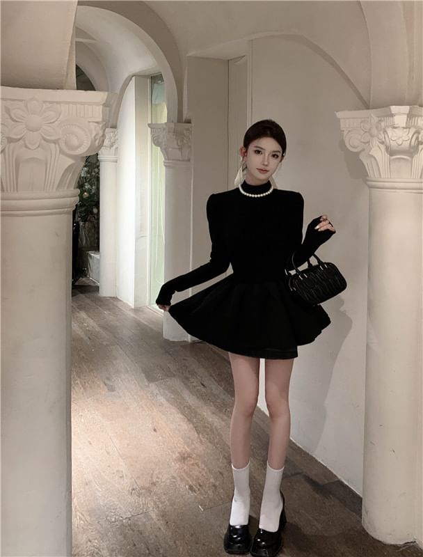 Long-Sleeve A-Line Mock Plain Layered Neck Knit Dress Mini