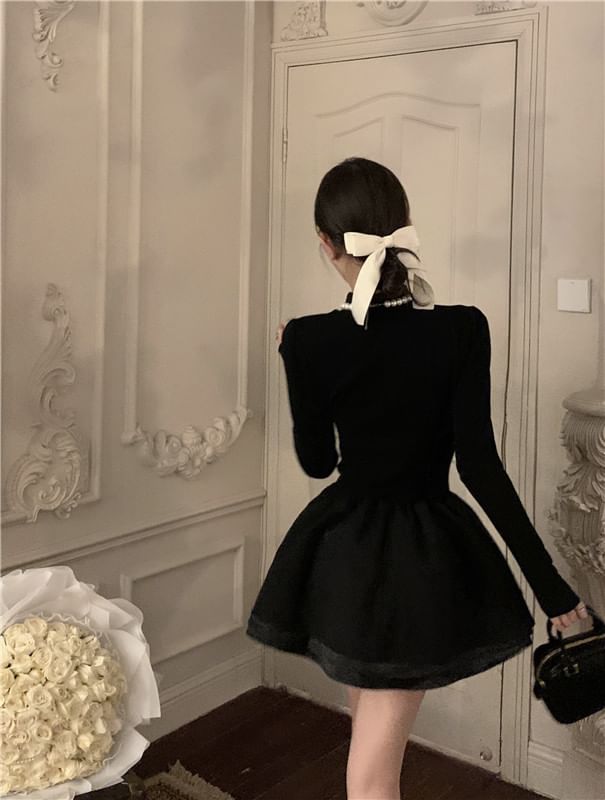 Long-Sleeve A-Line Mock Plain Layered Neck Knit Dress Mini