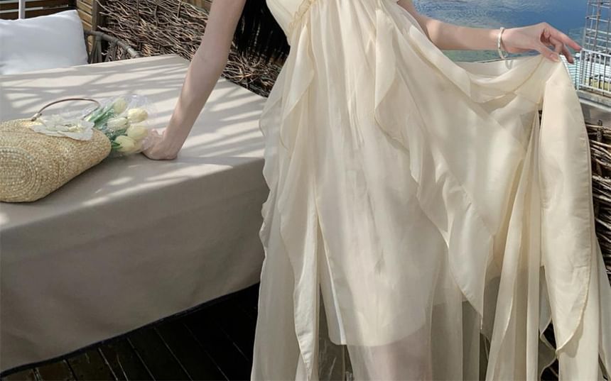 Trim Back Maxi Dress Neck Open Ruffle Plain Frill A-Line Asymmetrical Halter