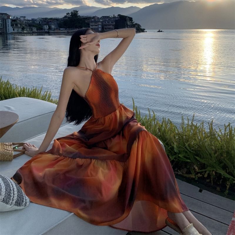 Dye Tie Maxi A-Line Halter Neck Back Dress Smocked Open