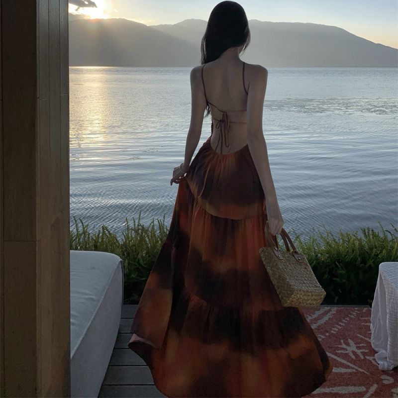 Dye Tie Maxi A-Line Halter Neck Back Dress Smocked Open