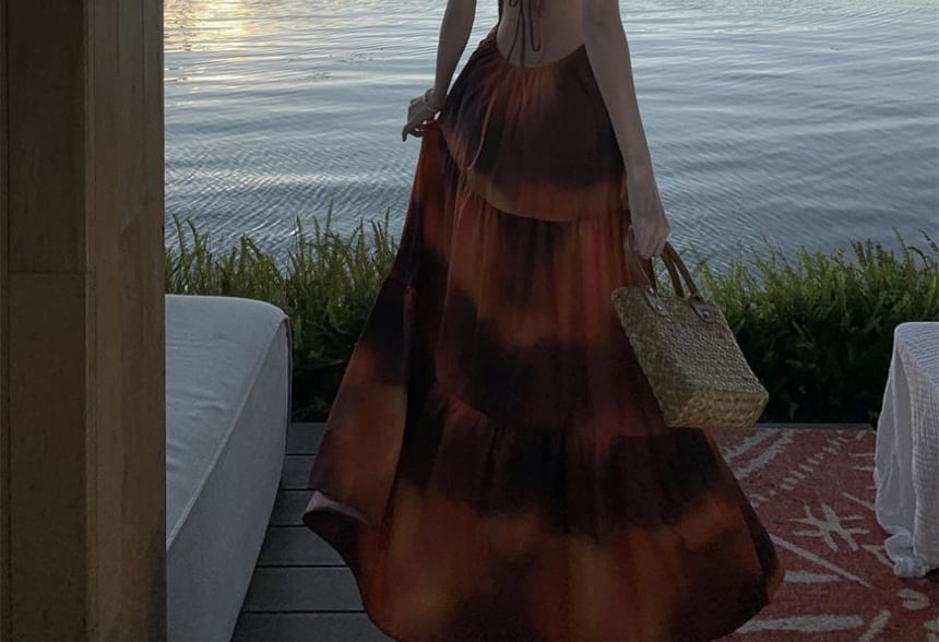 Dye Tie Maxi A-Line Halter Neck Back Dress Smocked Open