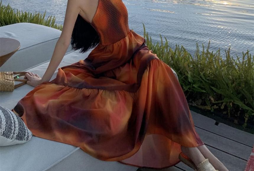 Dye Tie Maxi A-Line Halter Neck Back Dress Smocked Open