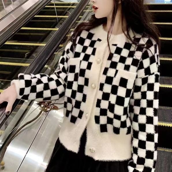 Crew Checkerboard Neck Cardigan
