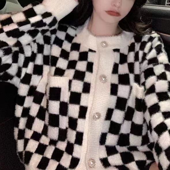 Crew Checkerboard Neck Cardigan